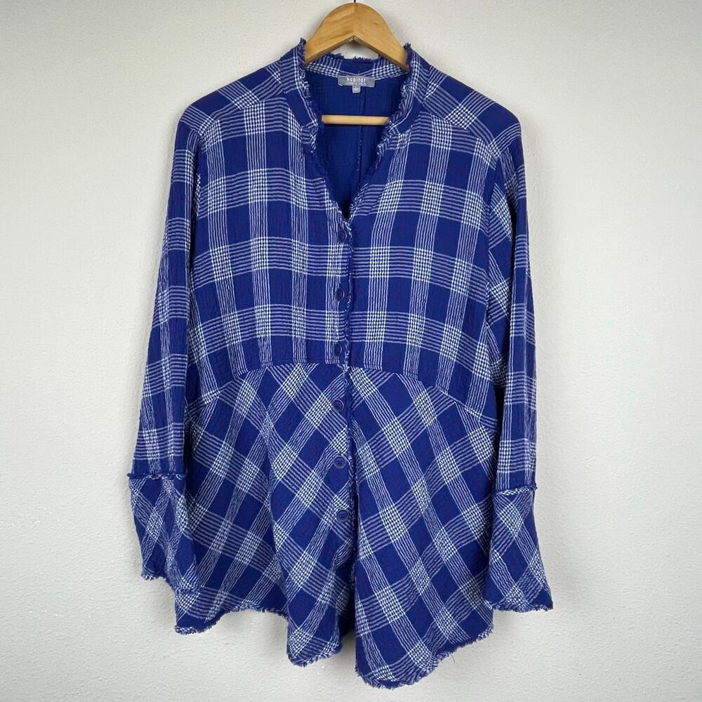 Habitat Women's Plaid Gauzy Button-Up Shirt with Frayed Trim – Size L